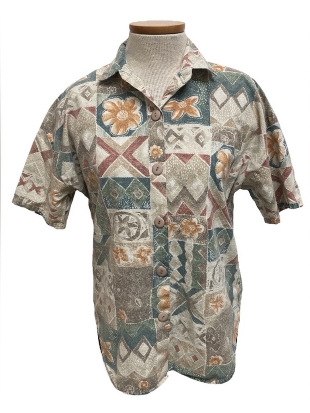 3/$20 Vintage 90’s Retro Floral Geometric Button Up Shirt Women Small Grandma
